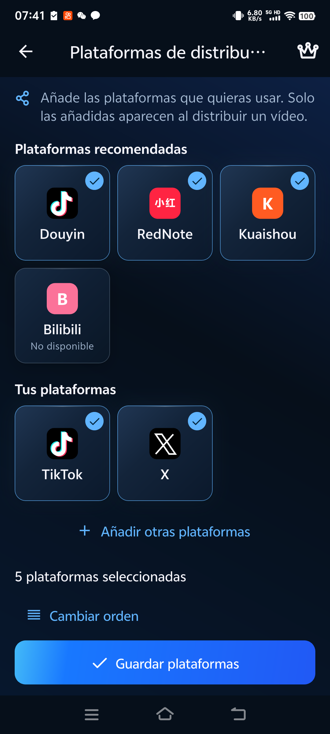 Configura los destinos para compartir