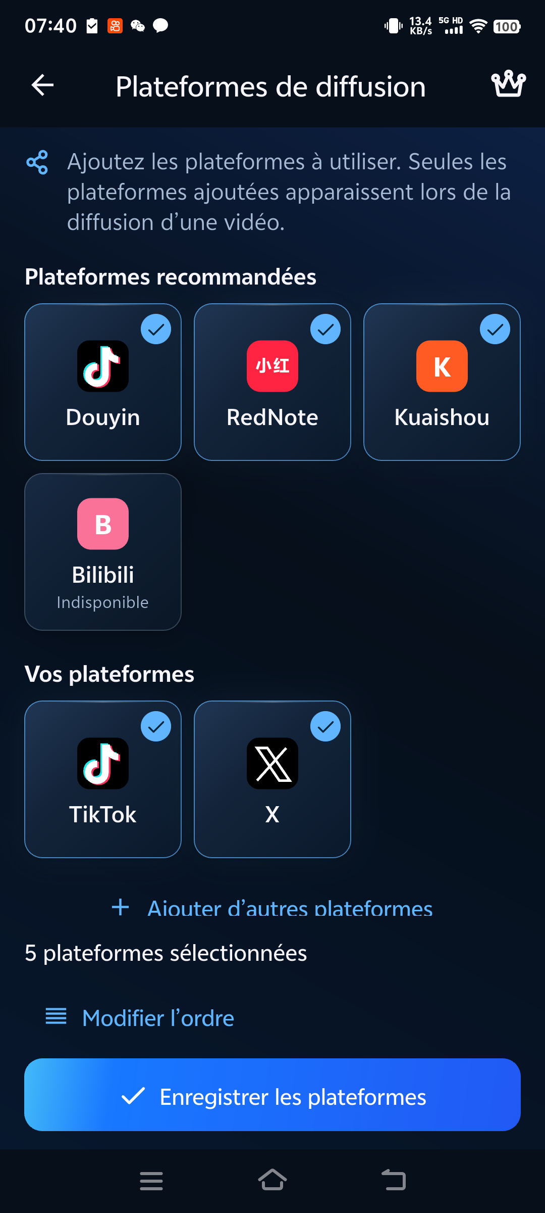 Configurer les destinations de partage